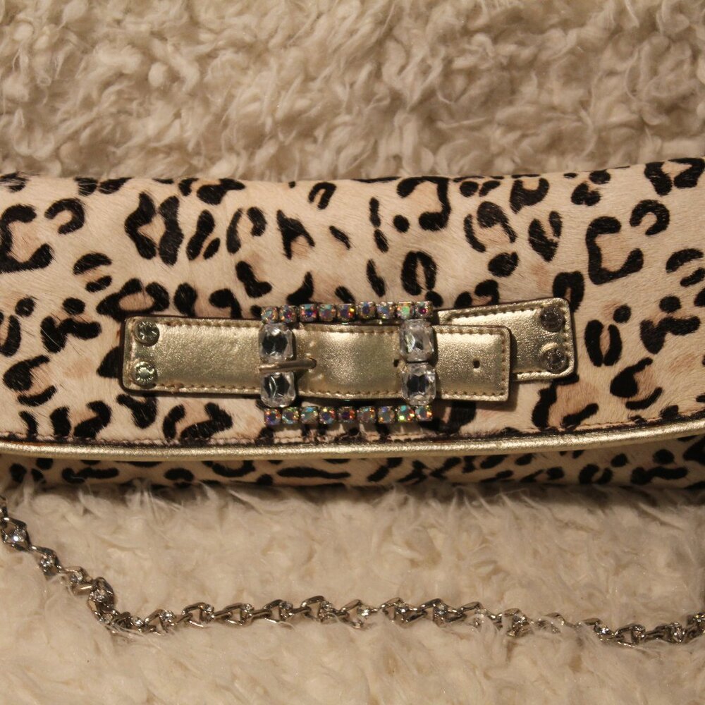 Karen Millen CLUTCH Rhinestone studded Leopard Print Fur Shoulder Bag Gold VTG